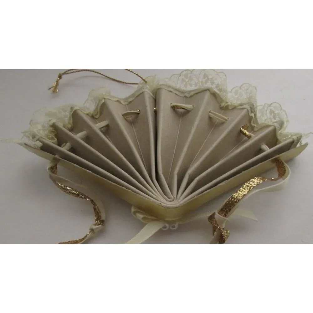 Vintage Christmas ornament gold fan with lace and beads Victorian girl